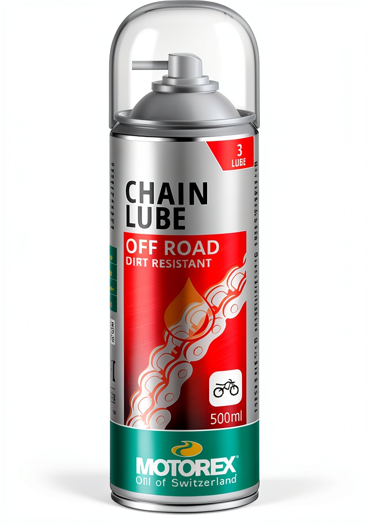Installing Motorex Synthetic Chain Lubricant for Powersports on a wooden workbench